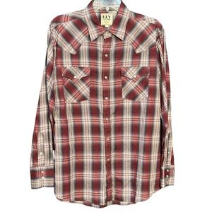 Excellent! Ely Cattleman men’s burgundy grey white plaid western shirt size L